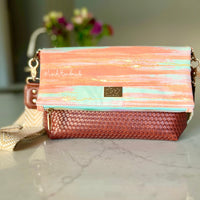 Pastel Coral and Turquoise Canvas and Brown Vinyl Fiona Foldover