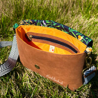 Fiona Foldover in Black Floral Canvas and Tan Vinyl