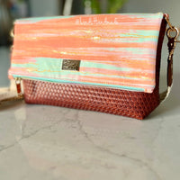 Pastel Coral and Turquoise Canvas and Brown Vinyl Fiona Foldover