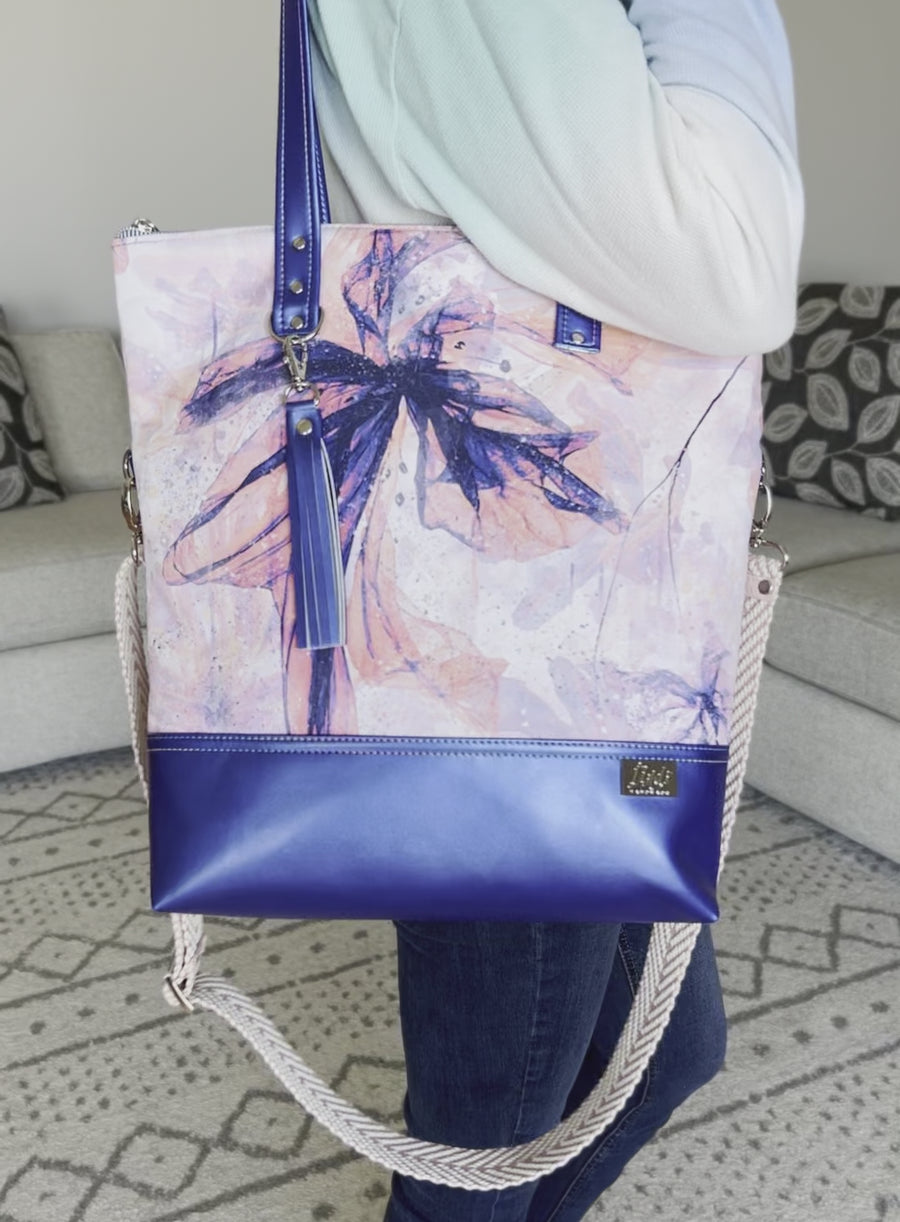 Royal Blue Watercolor Floral Canvas and Vinyl Twofer Tote