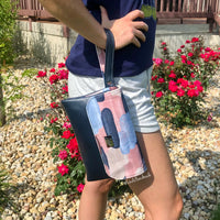 Custom cotton canvas and Navy blue leather Cleanup Clutch
