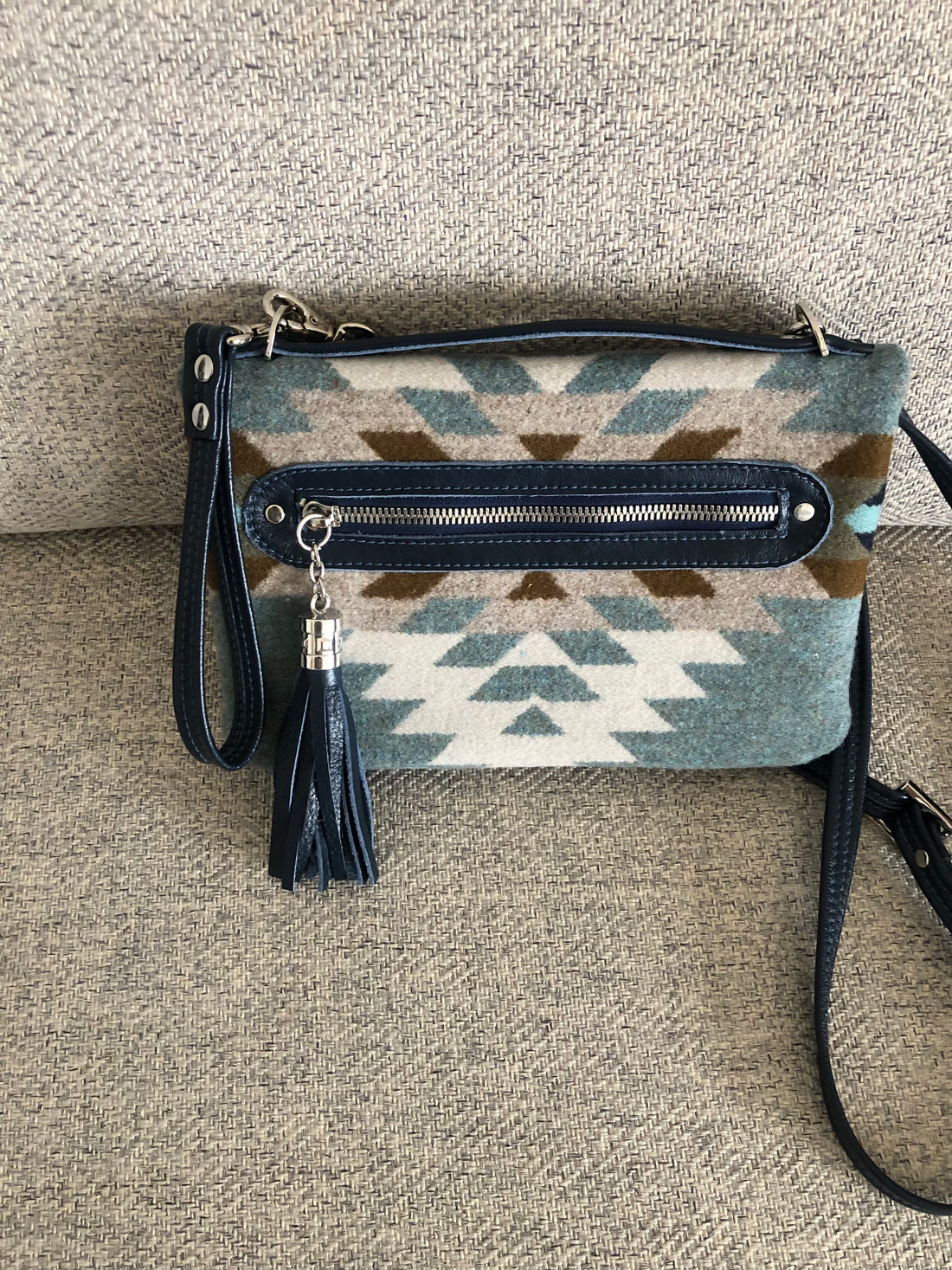 Geometric Pendleton wool and navy blue leather Bend and Snap Clutch