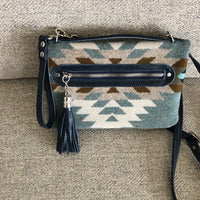 Geometric Pendleton wool and navy blue leather Bend and Snap Clutch
