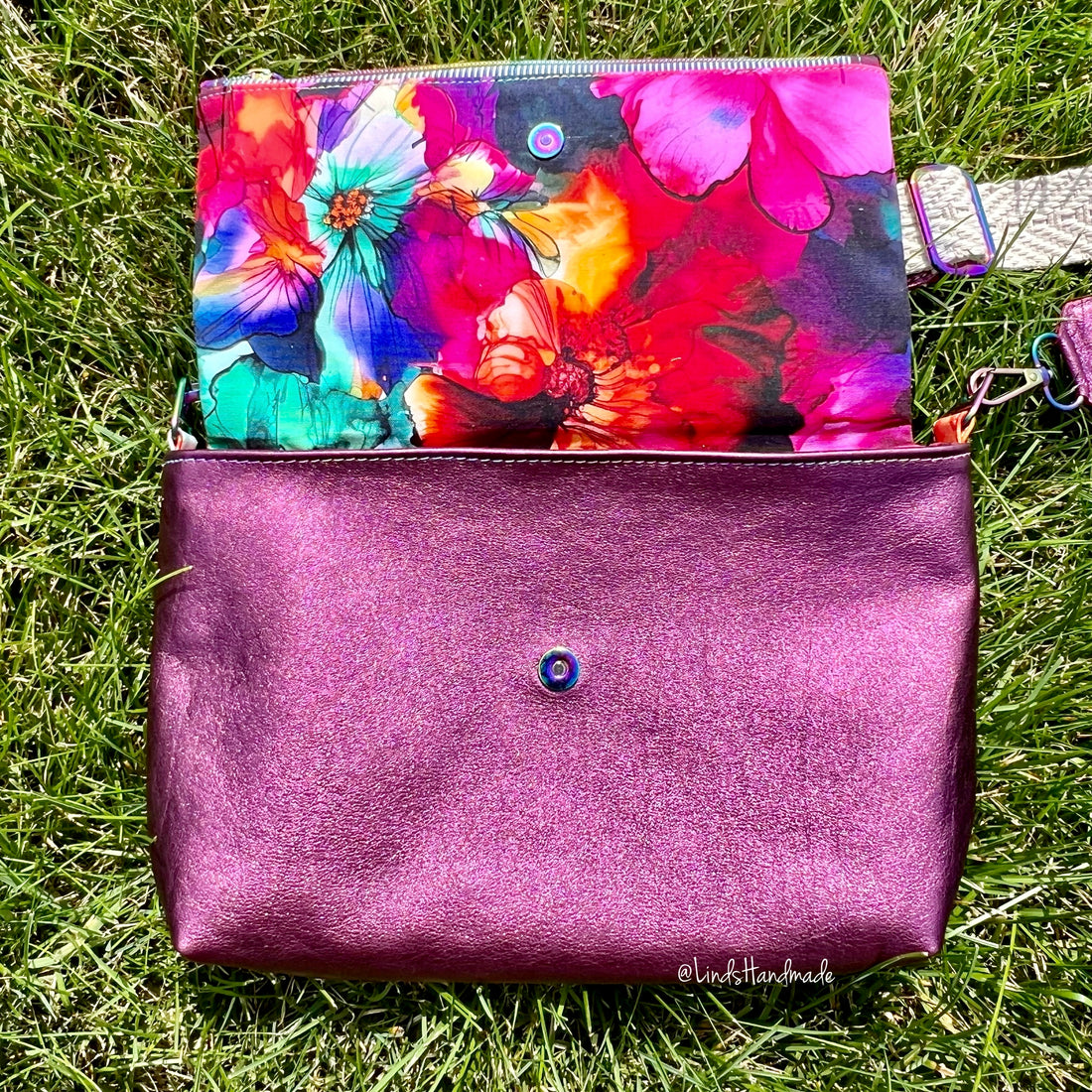 Watercolor Floral Canvas and Magenta Leather Fiona Foldover