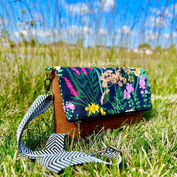 Fiona Foldover in Black Floral Canvas and Tan Vinyl