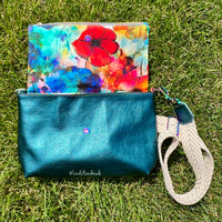 Water Color Floral Canvas and Turquois Leather Fiona Foldover
