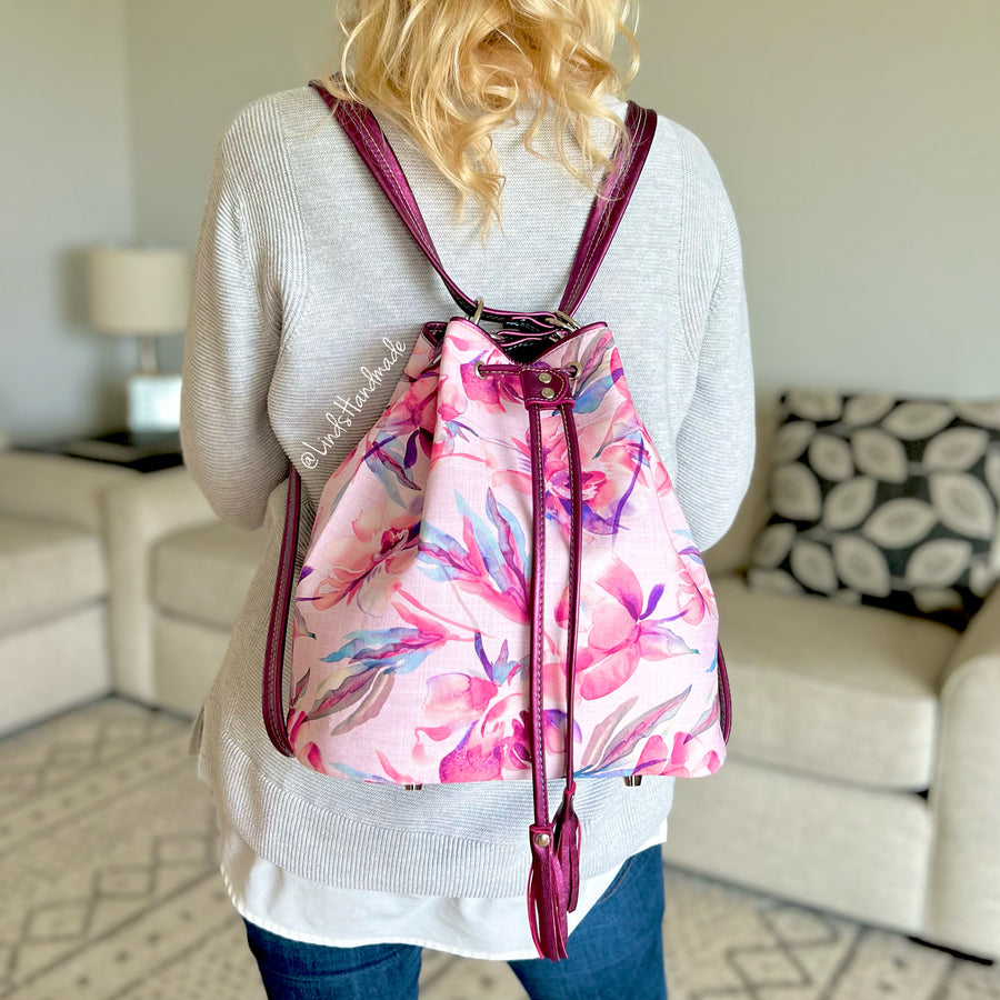 Pink Floral Canvas and Metallic Leather Krystal Convertible Bucket Bag