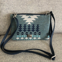 Geometric Pendleton wool and navy blue leather Bend and Snap Clutch