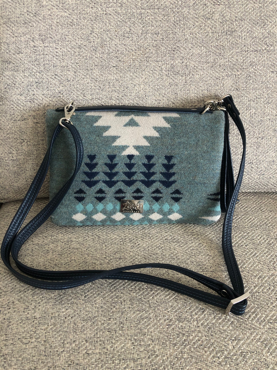 Geometric Pendleton wool and navy blue leather Bend and Snap Clutch
